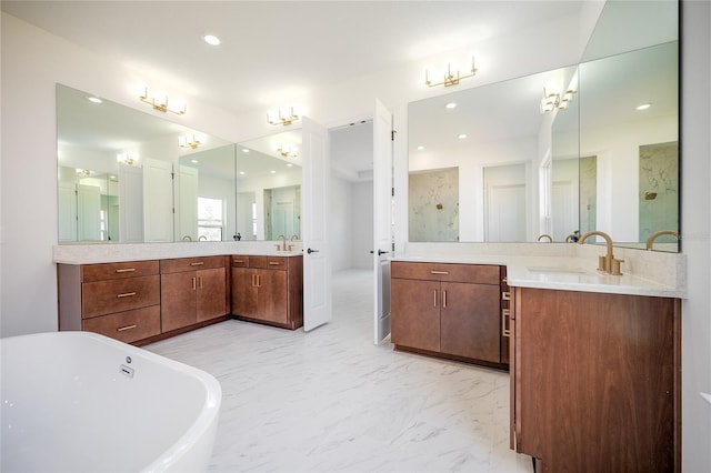 bathroom with vanity and plus walk in shower