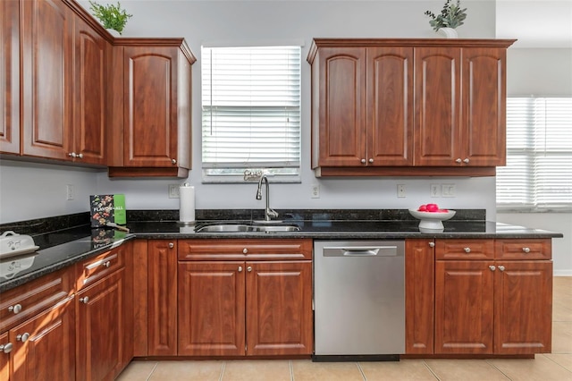 kitchen with dark stone countertops, sink, stainless steel dishwasher, and a healthy amount of sunlight