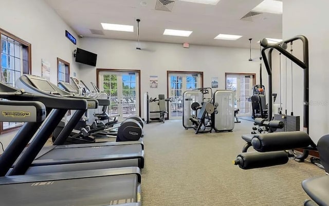 workout area with carpet flooring and a high ceiling