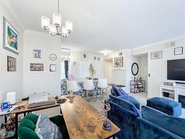 carpeted living room with crown molding and an inviting chandelier