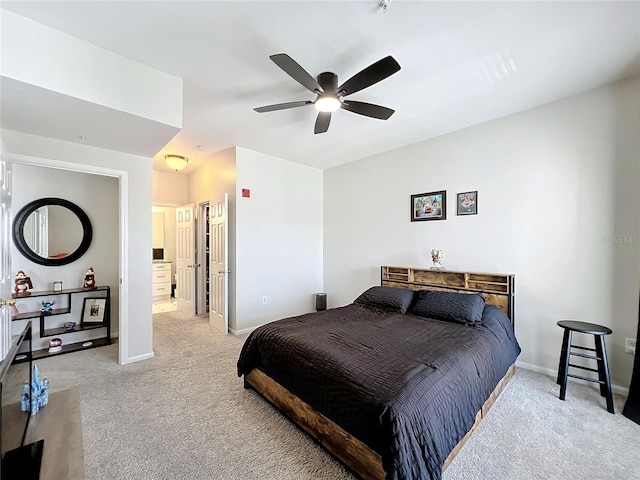 bedroom featuring light carpet and ceiling fan