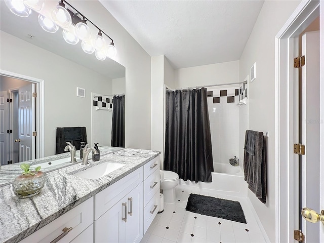 full bathroom featuring shower / tub combo, vanity, tile patterned flooring, and toilet