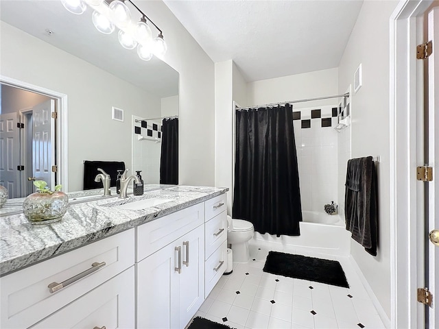 full bathroom featuring shower / bathtub combination with curtain, vanity, tile patterned floors, and toilet