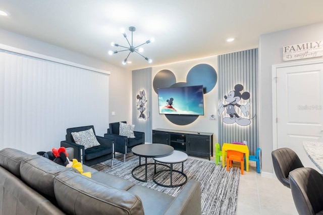 tiled living room with a chandelier