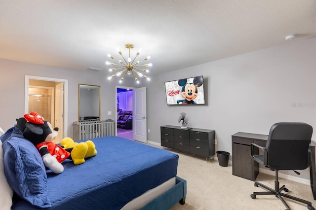 bedroom featuring light colored carpet and an inviting chandelier