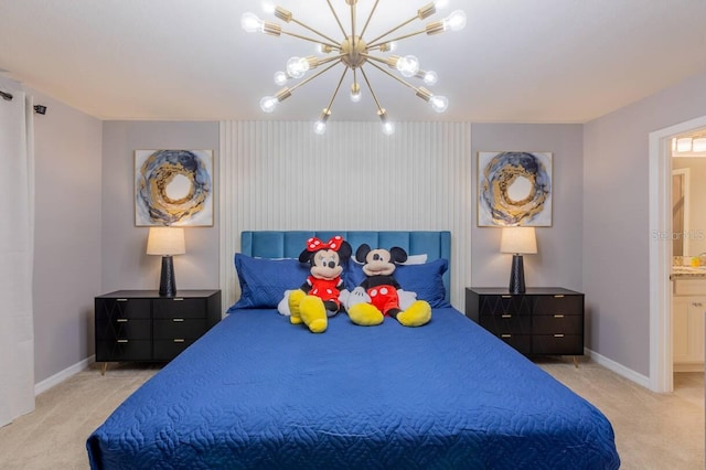 bedroom with light colored carpet and an inviting chandelier