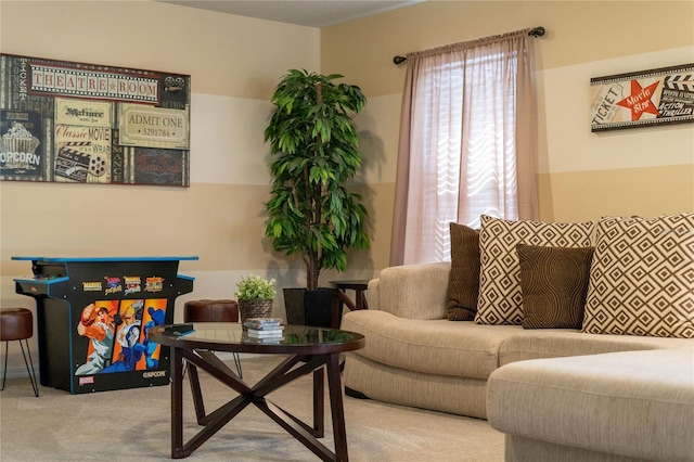 living room featuring light colored carpet