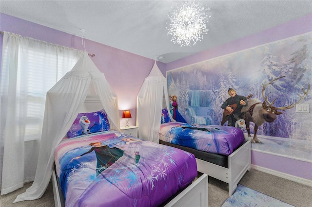 bedroom with a chandelier, light carpet, and a textured ceiling