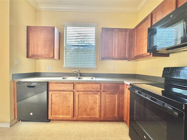 kitchen featuring sink, crown molding, and black appliances