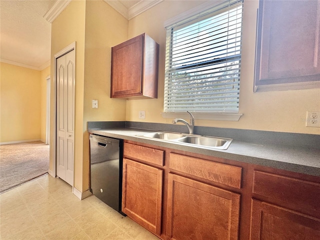 kitchen featuring crown molding, black dishwasher, and sink