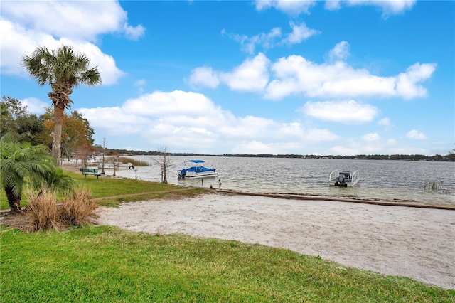 dock area with a water view and a yard