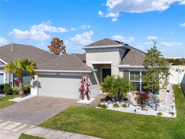 view of front of house with a garage and a front lawn