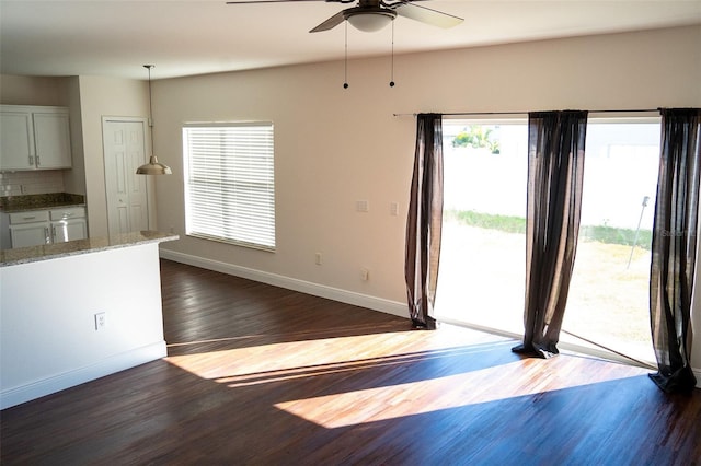 interior space with dark wood-type flooring and ceiling fan