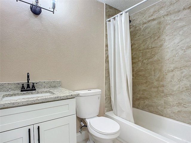 full bathroom featuring vanity, shower / bathtub combination with curtain, and toilet