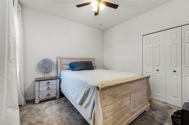 bedroom with dark carpet, a closet, and ceiling fan