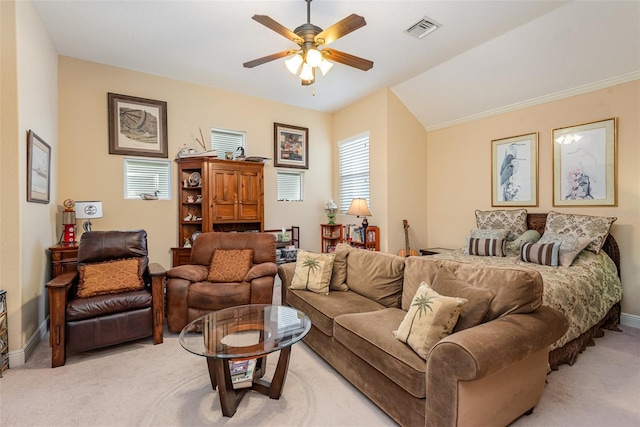 living room with light colored carpet and ceiling fan