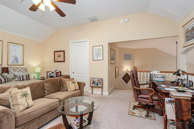 living room with ceiling fan, light colored carpet, and vaulted ceiling