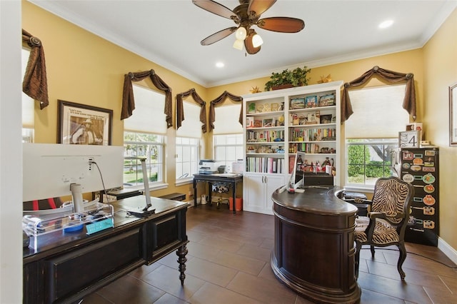 home office with ornamental molding and ceiling fan