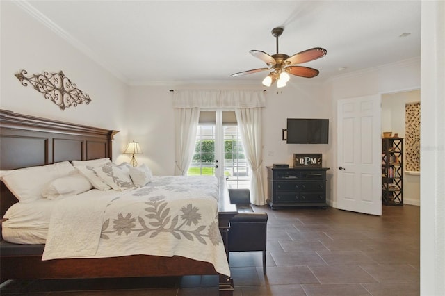 bedroom featuring crown molding, ceiling fan, french doors, and access to outside