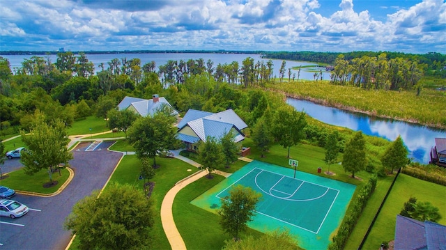 drone / aerial view with a water view