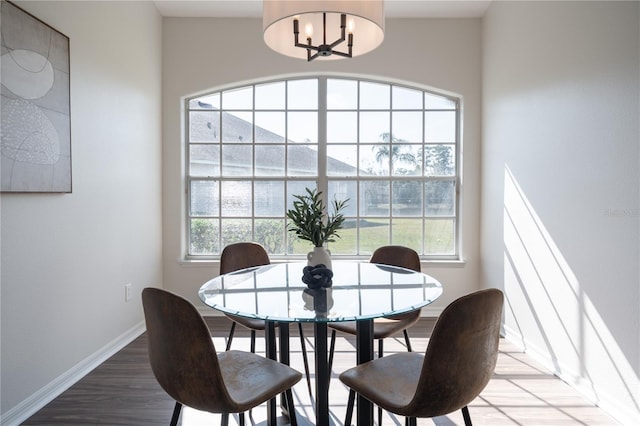 dining space with a notable chandelier and hardwood / wood-style flooring