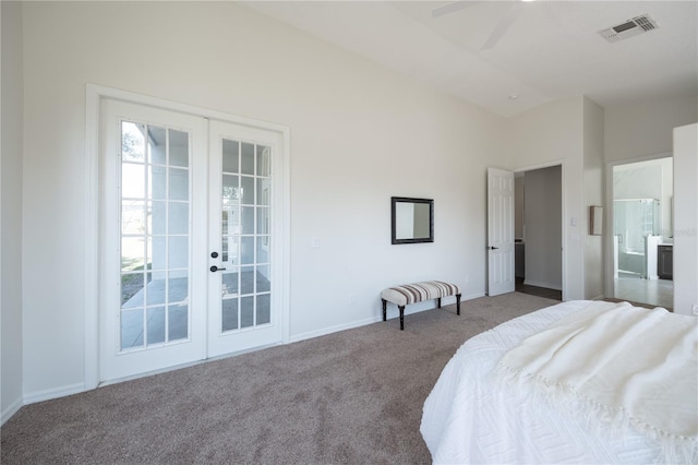 carpeted bedroom featuring access to exterior and french doors