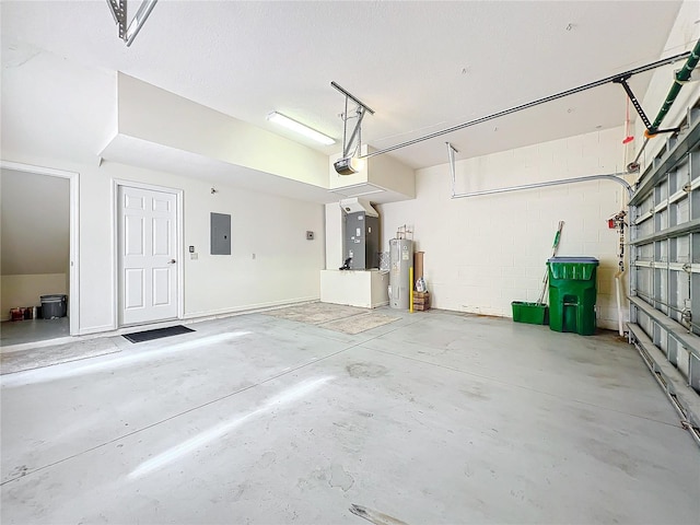 garage featuring electric water heater, electric panel, a garage door opener, heating unit, and concrete block wall