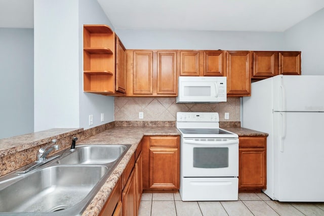 kitchen with sink, white appliances, light tile patterned flooring, and backsplash