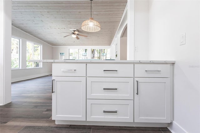 kitchen with white cabinetry, wooden ceiling, dark hardwood / wood-style flooring, kitchen peninsula, and pendant lighting