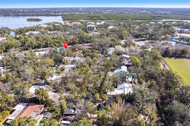 drone / aerial view with a water view