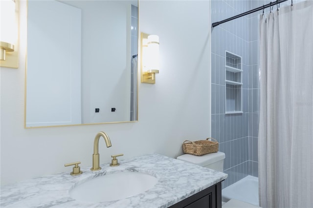 full bathroom with vanity, toilet, and shower / bath combo with shower curtain