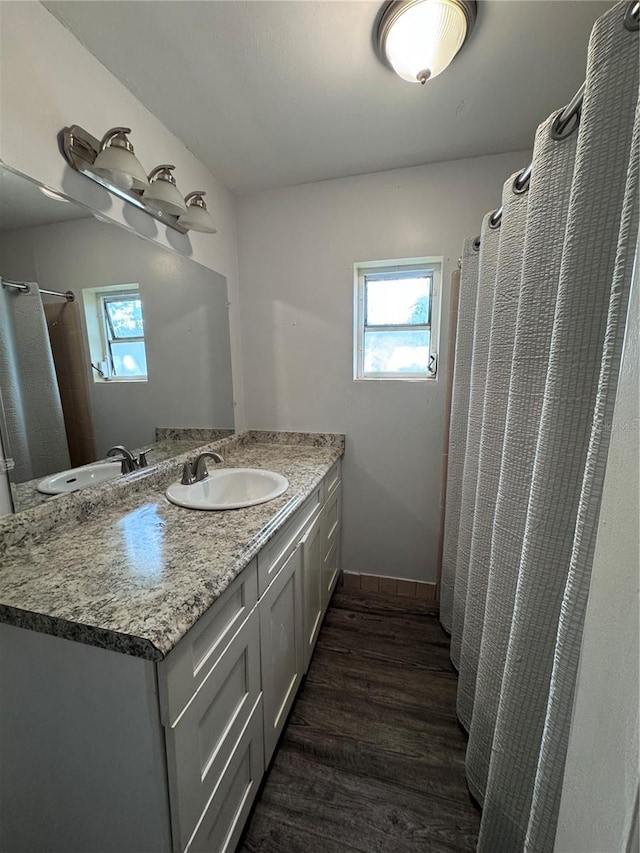 bathroom with vanity and hardwood / wood-style floors