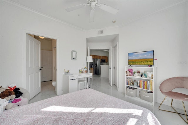 bedroom featuring crown molding, stainless steel fridge, and ceiling fan