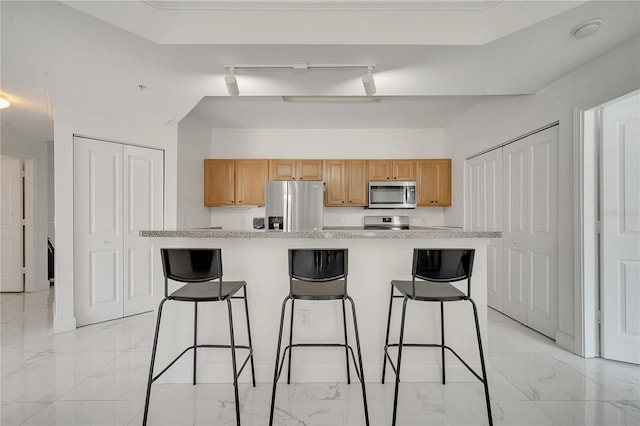 kitchen featuring a kitchen breakfast bar, stainless steel appliances, and a center island