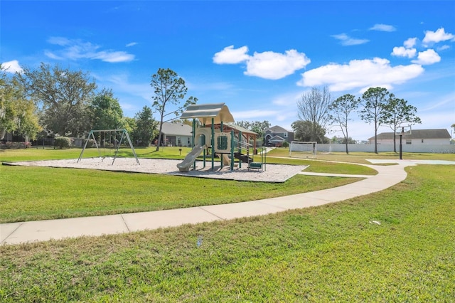 view of play area featuring a lawn