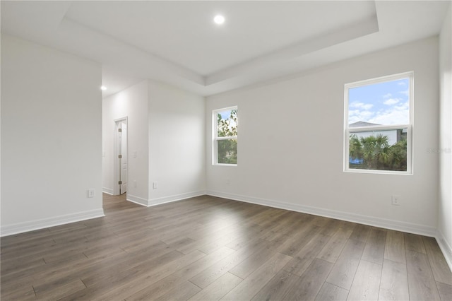 empty room featuring hardwood / wood-style floors and a tray ceiling