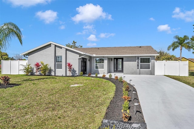 view of front of property with a gate, fence, a front lawn, and stucco siding