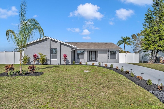 view of front of home featuring driveway, fence, a front lawn, and stucco siding