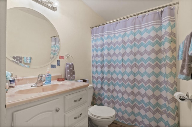 bathroom featuring walk in shower, vanity, and toilet