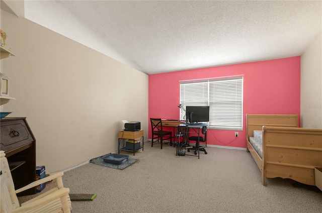 office area featuring carpet and a textured ceiling