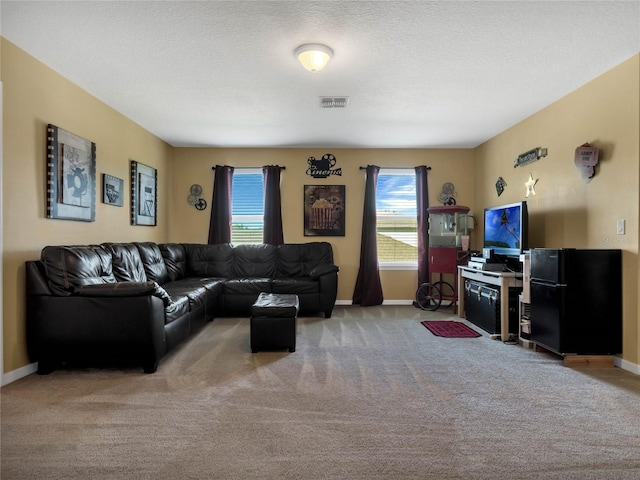 living room featuring light carpet and a textured ceiling