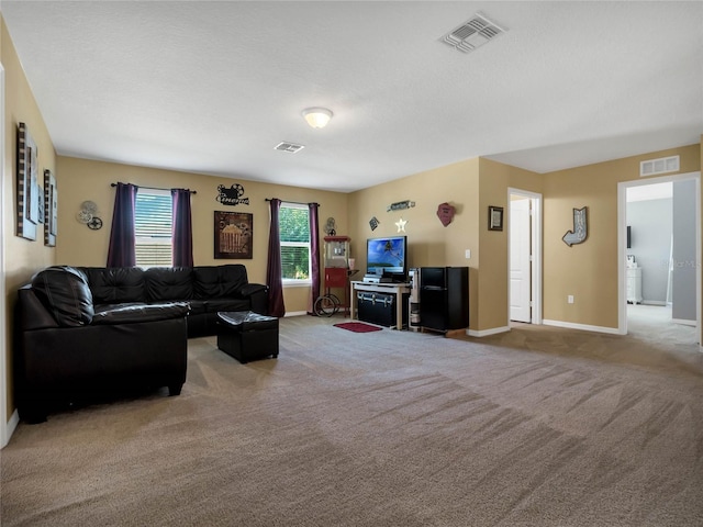 living room featuring light colored carpet