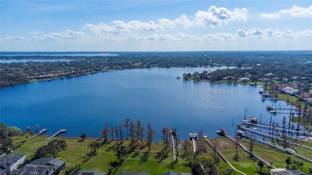 birds eye view of property featuring a water view