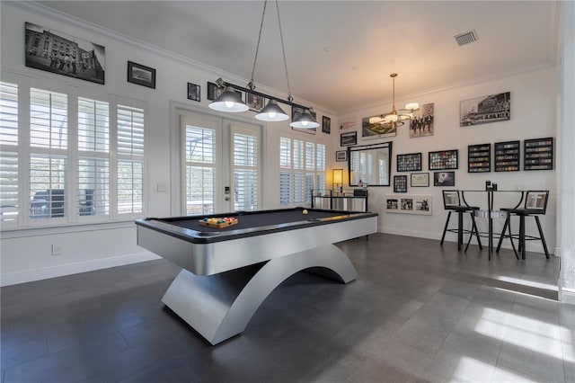 game room with ornamental molding, billiards, and french doors