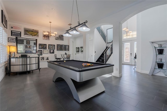 game room featuring crown molding, billiards, french doors, and a chandelier