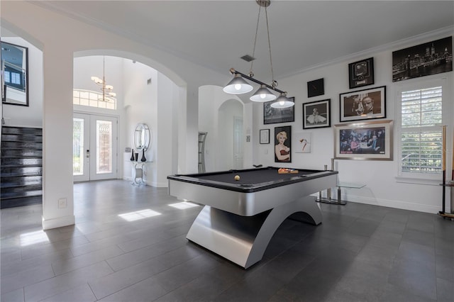 recreation room with french doors, crown molding, and billiards