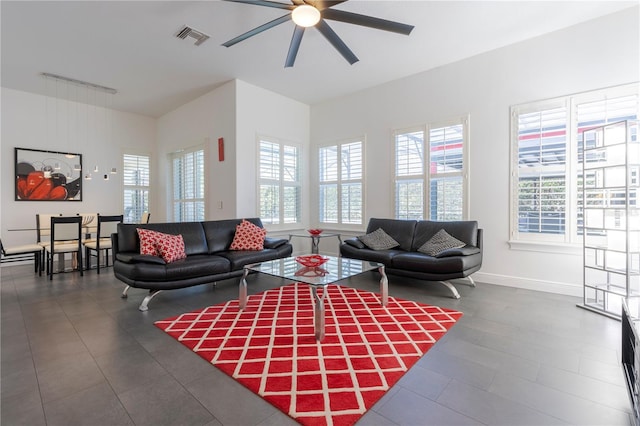 living room with ceiling fan