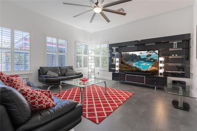 living room featuring ceiling fan