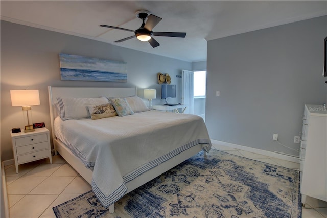 tiled bedroom with ceiling fan