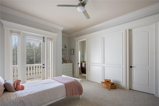 bedroom featuring access to exterior, ornamental molding, ceiling fan, and carpet